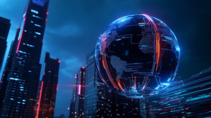 Poster - Futuristic cityscape with a glowing digital sphere symbolizing global connectivity, technological advancement, and the merging of the physical and digital worlds.