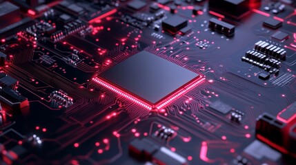Poster - Futuristic Circuit Board with Glowing Red and Pink Lights representing technology, innovation, power, data, and connection.