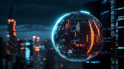 Poster - futuristic cityscape with a glowing digital sphere symbolizing technology, innovation, progress, con