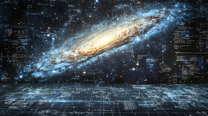 spiral galaxy in outer space with scientific formulas and equations overlay