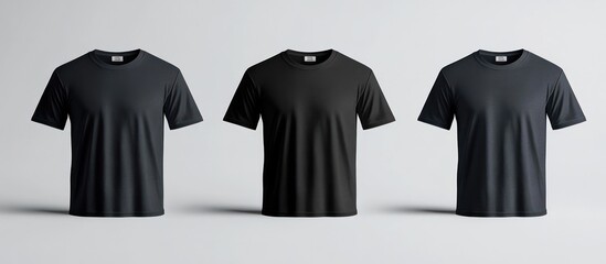 Three black t-shirts isolated on a white background.