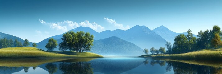 Tranquil landscape featuring a picturesque lake nestled among verdant mountains, symbolizing peace, nature, tranquility, reflection, and escape.