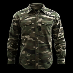 Camouflage shirt with long sleeves and buttoned collar, laid out on a wooden table.