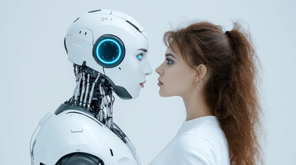 Poster - A beautiful woman and a robot with artificial intelligence lock eyes, symbolizing the future of human-machine interaction, technology, advancement, connection, and curiosity.