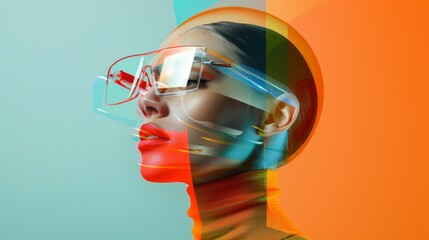 Poster - A captivating double exposure portrait of a woman wearing glasses, symbolizing creativity, style, mystery, and the fusion of art and technology.