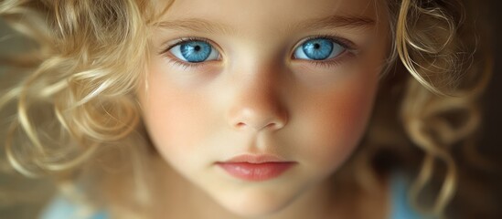 Wall Mural - Close-up portrait of a young girl with blonde hair and blue eyes.