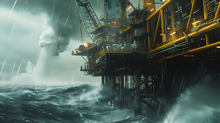 Wall Mural - A night scene of a drilling rig with bright lights illuminating the metal structure, reflections on the dark water, and a backdrop of a star-filled sky, capturing the quiet, intense focus of night ope