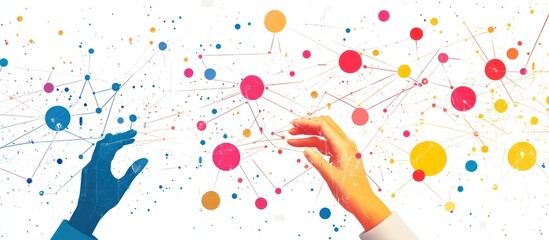 Wall Mural - two hands reaching out towards a network of colorful dots and lines representing connection and coll