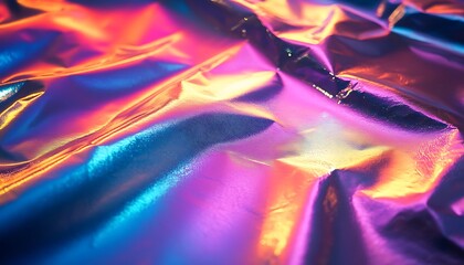 Aufkleber - A colorful, iridescent fabric with a shiny, crumpled texture, showcasing vibrant hues of blue, purple, and pink.