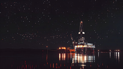 Wall Mural - A night scene of a drilling rig with bright lights illuminating the metal structure, reflections on the dark water, and a backdrop of a star-filled sky, capturing the quiet, intense focus of night ope