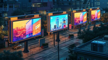 Wall Mural - High-resolution digital billboard mockup with bright, animated screens and engaging visuals, ideal for showcasing digital ads in a contemporary city setting. High resolution Illustration, in the