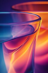 Fototapete - Two elegantly shaped glasses filled with vibrant, swirling liquid, showcasing a blend of warm and cool colors against a soft gradient background.