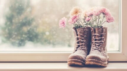 Wall Mural - Wet snow boots sit on a windowsill, adorned with vibrant flowers, creating a warm atmosphere during the winter season