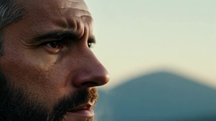 close-up video of a middle-aged man with a beard expressing determination, static camera, soft diffu