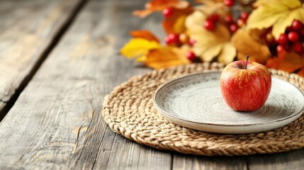 Sticker - A beautifully arranged Thanksgiving table showcases an apple on a woven plate surrounded by vibrant autumn leaves, enhancing the festive atmosphere