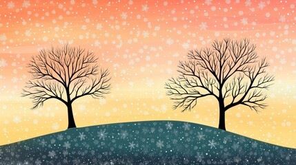 Wall Mural - A stunning winter sunset showcases falling snowflakes and silhouetted trees set against a vibrant orange and pink sky