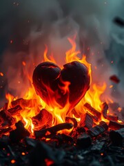 A burning heart of embers lies amidst the destruction of wildfire symbolizing lost love Smoke Explosion Backdrop