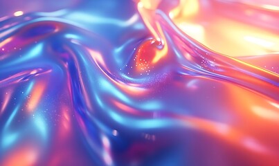 Aufkleber - A vibrant, abstract image showcasing flowing liquid textures with shimmering hues of blue, pink, and orange, creating a visually dynamic and colorful effect.