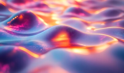 Poster - A vibrant, abstract landscape of glowing, undulating surfaces in shades of purple and orange, resembling a digital or fluid environment.