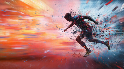 Poster - dynamic sports scene capturing energy and excitement of runner in motion, surrounded by vibrant colors and abstract effects that enhance feeling of speed and intensity