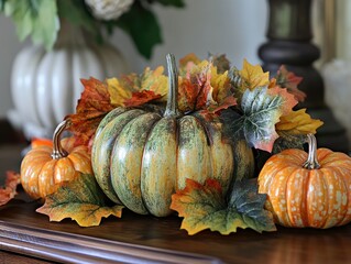 Poster - Autumn decorations with pumpkins and leaves on a table