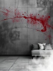 Minimalist interior, stark concrete wall, dramatic red paint splatter, abstract blood splash, white modern sofa, monochromatic grayscale, high contrast, eerie atmosphere, empty room, surreal design, i