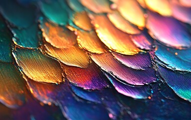 Aufkleber - A close-up image showcasing iridescent fish scales with vibrant hues of blue, green, orange, and purple, highlighting texture and color variation.