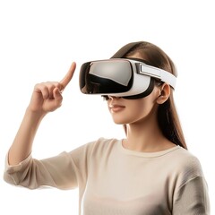 Wall Mural - woman in vr glasses headset finger touch or point at something. Isolated over white background. 