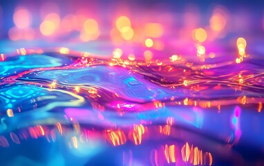 Fototapete - A colorful and abstract close-up of water with vibrant, swirling reflections of light creating a dreamy, fluid atmosphere.