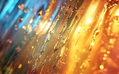 Poster - A close-up of a colorful, raindrop-covered surface, showcasing shimmering reflections of blue and orange light patterns.