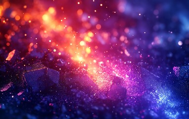 Poster - A vibrant display of colorful particles and light, creating an abstract cosmic scene with swirling hues of orange, purple, and blue.