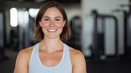 Smiling woman in fitness attire, representing health and wellness in a gym setting.