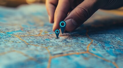 Poster - Innovative digital hand setting points on a map, representing GPS, AI logistics, and transport planning for new office locations