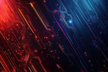 Fototapete - Abstract circuit pattern with vibrant red and blue lights, creating a modern technology background for creative projects.