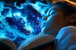 © Sanchai - Realistic depiction of a person falling asleep while reading a book, with dream-like images of fantasy characters and magical worlds appearing in the background