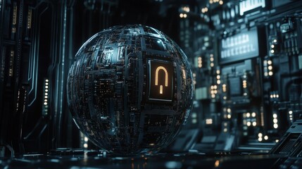 Poster - A futuristic, illuminated sphere with circuit-like patterns in a high-tech environment.
