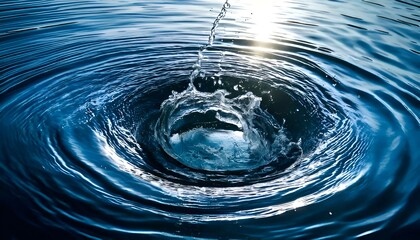 Water splash with ripples and drops of water on blue background.