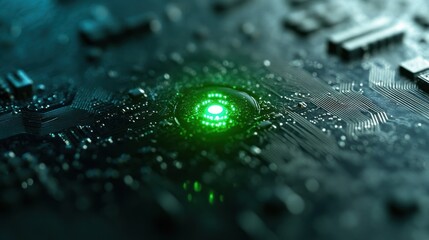 Poster - Close-up of a circuit board with a glowing green element, showcasing technology and design.