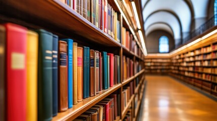 Public library space with blurred shelves of books, defocused to create a warm and nostalgic learning environment