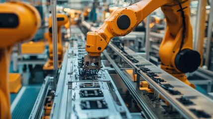 Poster - Robotic arms assembling parts in a factory production line, symbolizing artificial intelligence and automated manufacturing processes