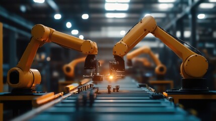 Poster - Robotic arms assembling parts in a factory production line, symbolizing artificial intelligence and automated manufacturing processes