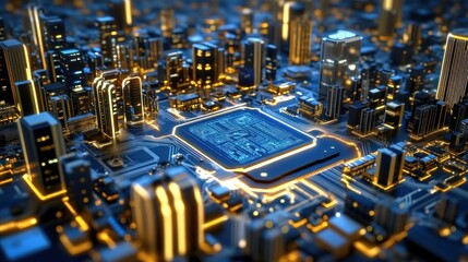 Poster - A futuristic cityscape embedded in a circuit board, showcasing technology and innovation.