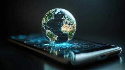 Poster - Smartphone with a digital world emerging from the screen, highlighting the integration of technology and real-world navigation through GPS
