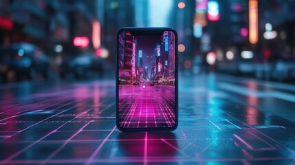 Poster - Smartphone with a digital world emerging from the screen, highlighting the integration of technology and real-world navigation through GPS