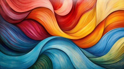 Poster - A vibrant abstract painting featuring flowing waves of color in reds, oranges, yellows, and blues, creating a dynamic and energetic visual effect.