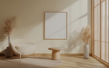 A minimalistic Scandinavian-Japanese style living room, showcasing modern furniture and a blank frame poster on the wall for design mockups. 