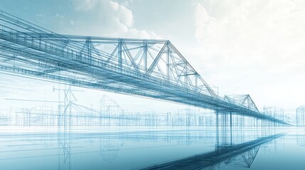 Poster - Vision of a bridge in 3D architectural modeling with blueprint details, showcasing structural planning and modern construction design