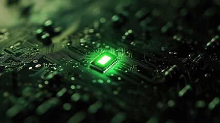 Poster - A close-up of a circuit board featuring a glowing green chip, highlighting technology's intricacies.