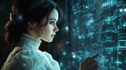 Victorian Tech, a juxtaposition of Ada Lovelace in Victorian dress working on early computing with futuristic technology elements, blending two eras, with copy space, Ada Lovelace