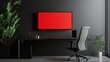 © Intach - Dark gray office wall backdrop to a black and white office chair, red screen on TV, and black desk setup with a plant, creating a minimal, tech-oriented workspace.
